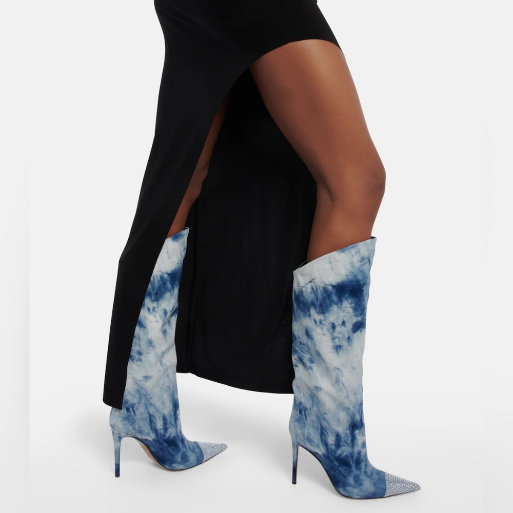Sz 35 NIB $1395 Alexandre Vauthier tie dye denim with crystal toe boots
